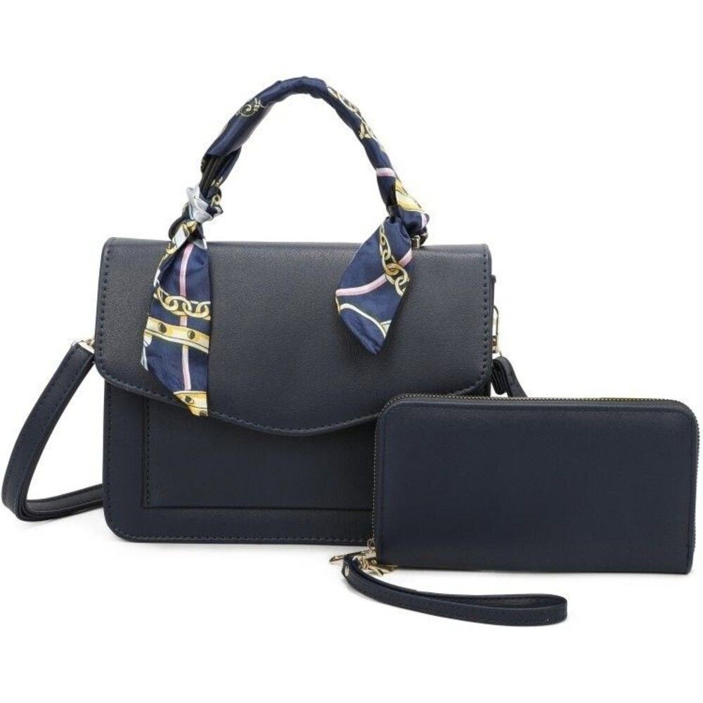 Navy Blue Scarf Satchel for Women Top Handle With Wallet Two Piece Set